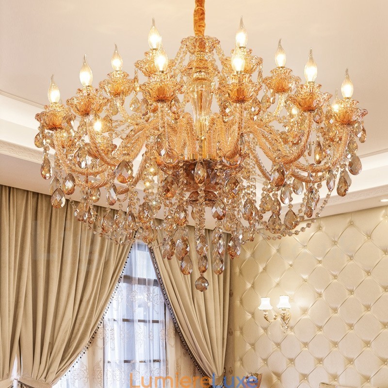 Lustre élégant en cristal doré ambré à 18 (12+6) lumières