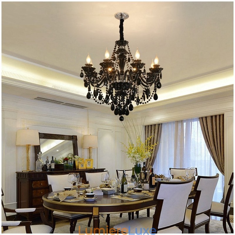 Lustre élégant en cristal noir à 8 lumières