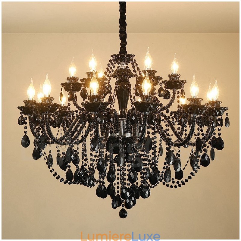 Lustre élégant en cristal noir à 18 (12+6) lumières