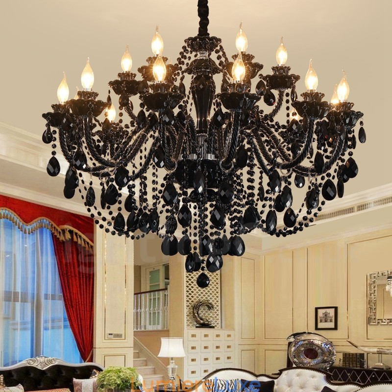 Lustre élégant en cristal noir à 18 (12+6) lumières