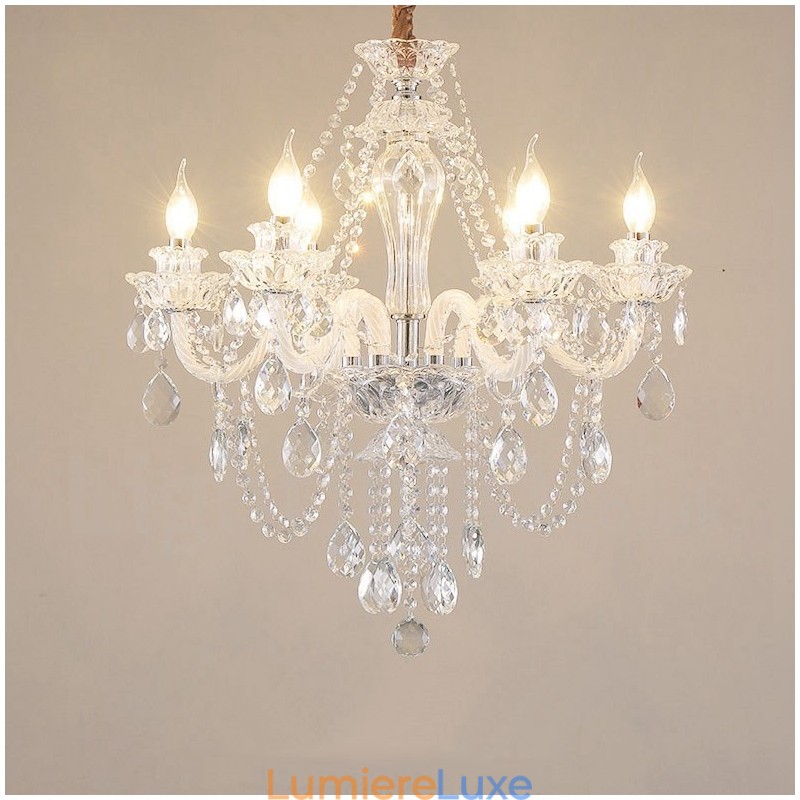 Lustre bougie en cristal transparent à 6 lumières, design spécial avec bras blancs