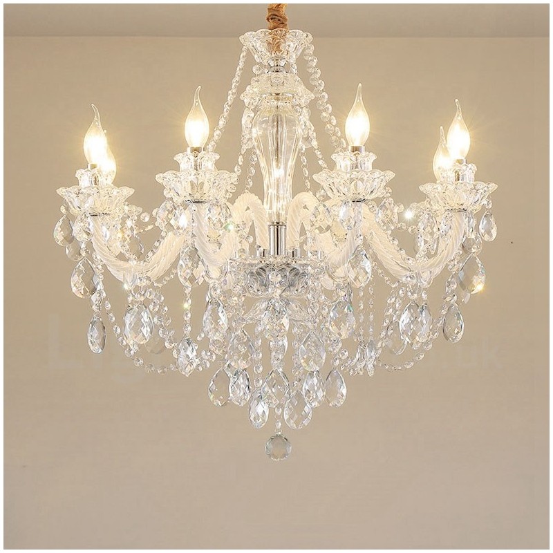 Lustre à 8 bras blancs en cristal transparent avec bougie