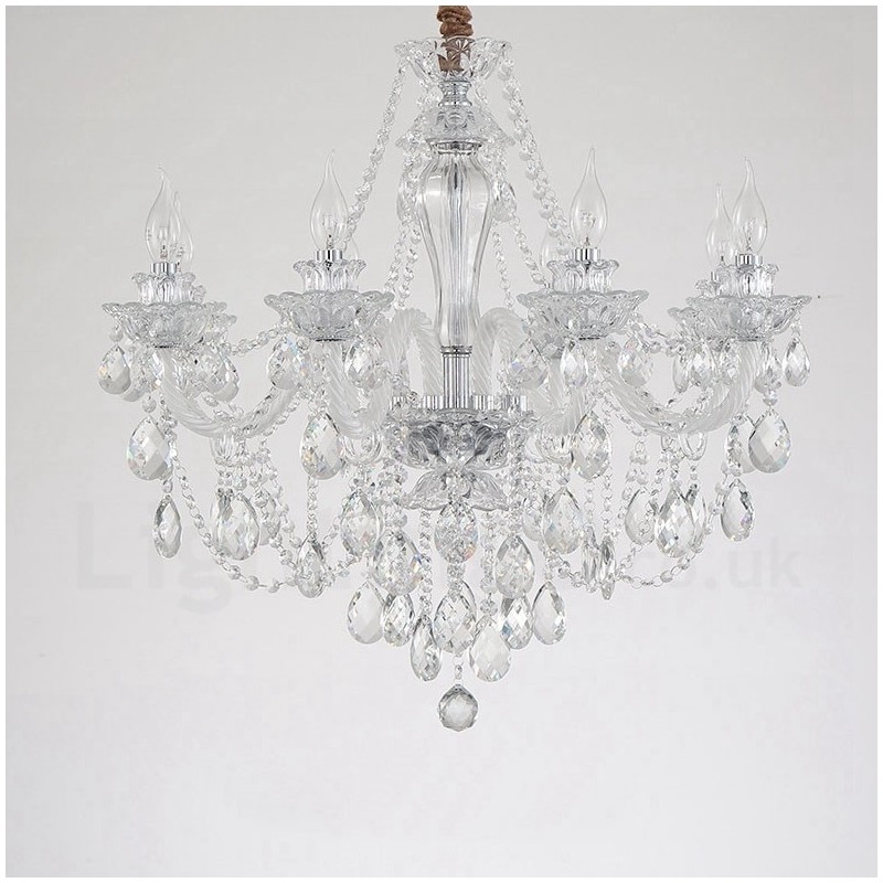 Lustre à 8 bras blancs en cristal transparent avec bougie