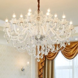 Lustre bougie en cristal transparent à 18 (12+6) lumières avec bras blancs