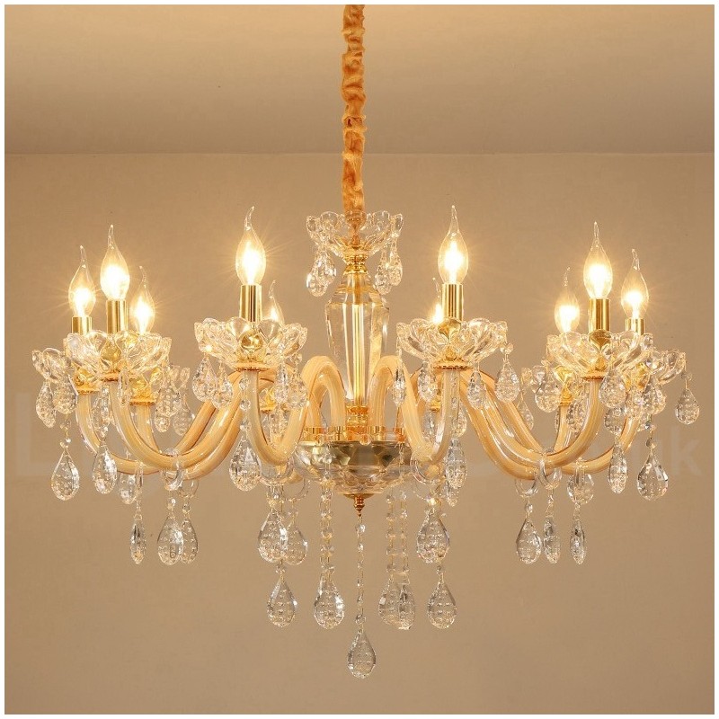 Lustre doré avec bougie en cristal transparent