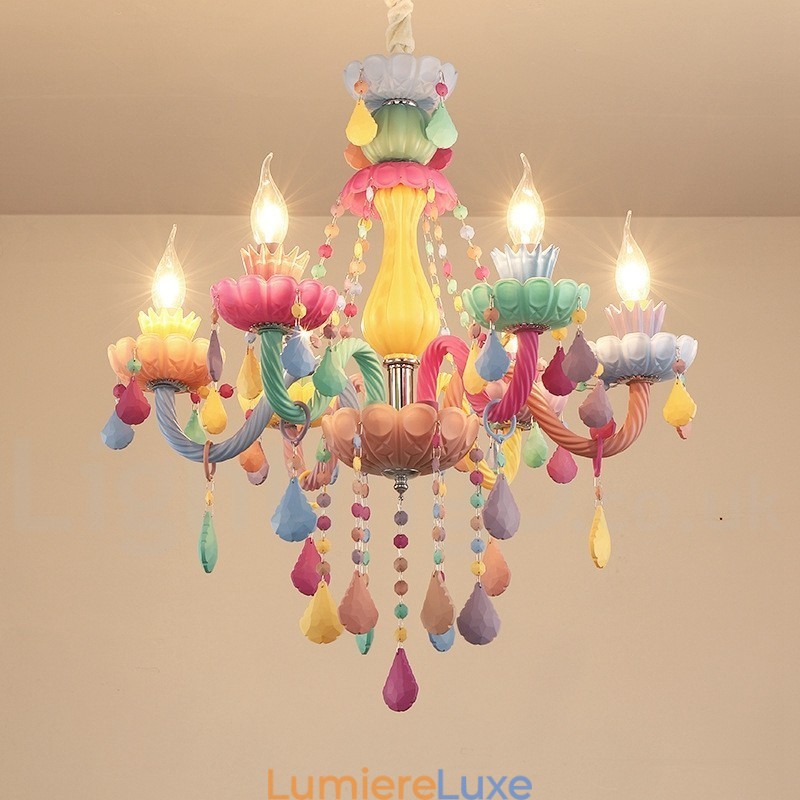 Lustre Macaron à 6 lumières avec bougie en cristal multicolore, style mini, pour enfants