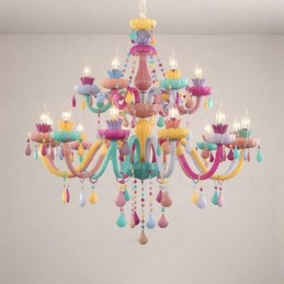 Lustre Macaron 18 (12+6) lumières avec bougie en cristal multicolore style mini pour enfants