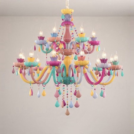 Lustre Macaron 18 (12+6) lumières avec bougie en cristal multicolore style mini pour enfants Lustre Macaron 18 (12+6) lumières avec bougie en cristal multicolore style mini pour enfants