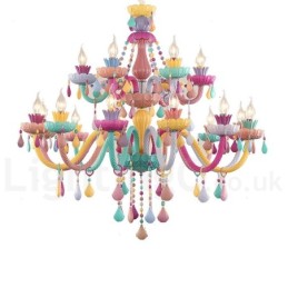 Lustre Macaron 18 (12+6) lumières avec bougie en cristal multicolore style mini pour enfants