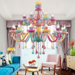 Lustre Macaron 18 (12+6) lumières avec bougie en cristal multicolore style mini pour enfants