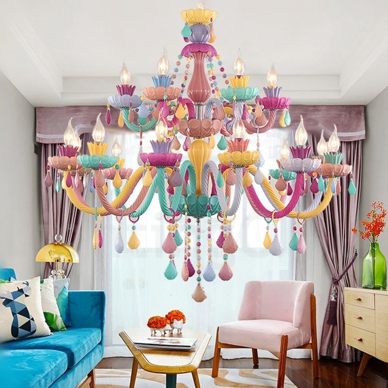Lustre Macaron 18 (12+6) lumières avec bougie en cristal multicolore style mini pour enfants