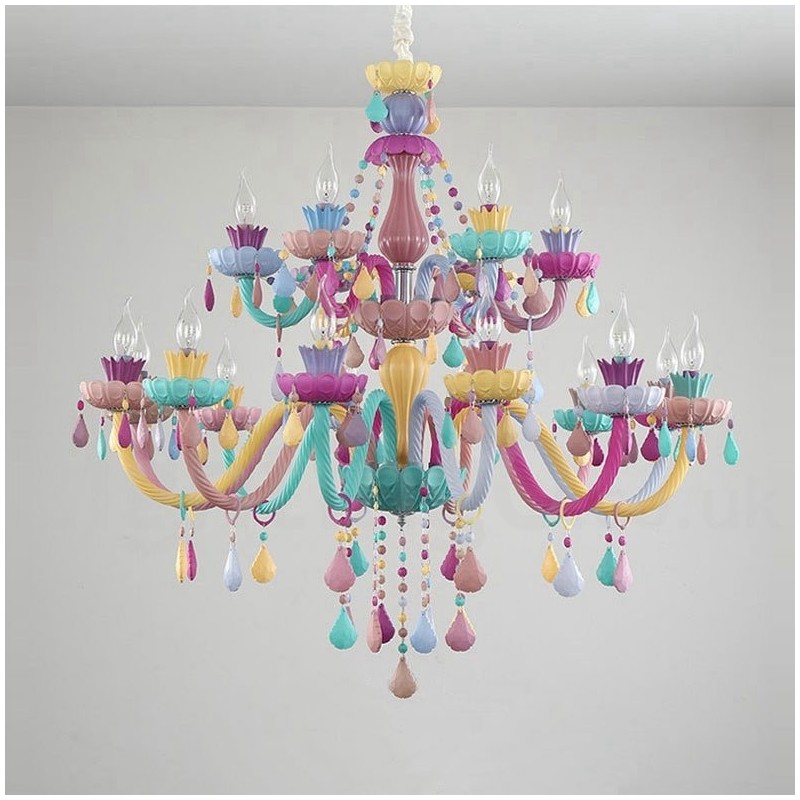 Lustre Macaron 18 (12+6) lumières avec bougie en cristal multicolore style mini pour enfants