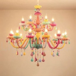 Lustre Macaron 18 (12+6) lumières avec bougie en cristal multicolore style mini pour enfants