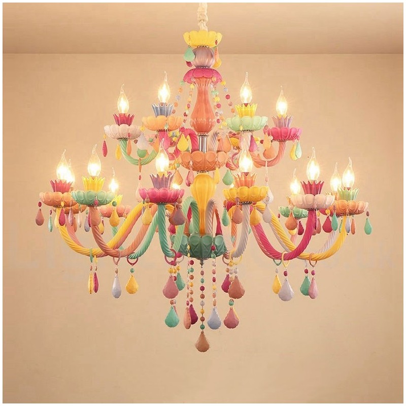 Lustre Macaron 18 (12+6) lumières avec bougie en cristal multicolore style mini pour enfants
