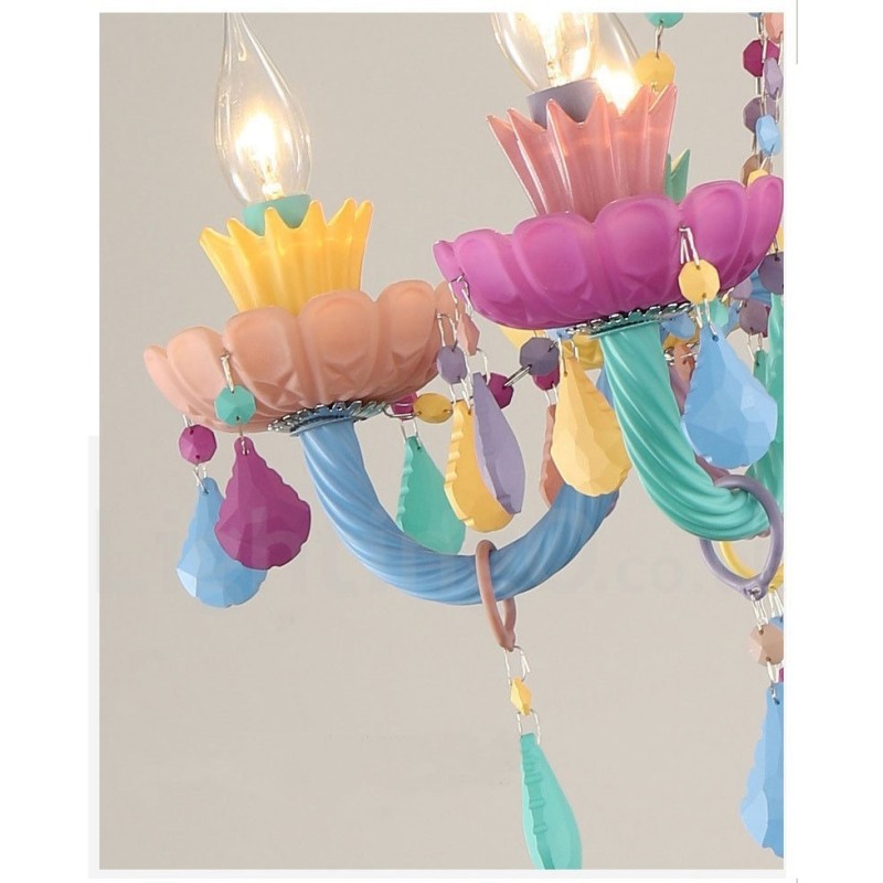 Lustre Macaron 18 (12+6) lumières avec bougie en cristal multicolore style mini pour enfants