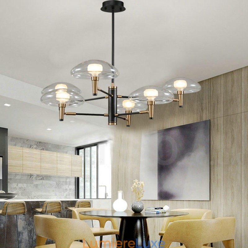 Lustre à 6 lumières avec finition peinte électrolytique et abat-jour en verre