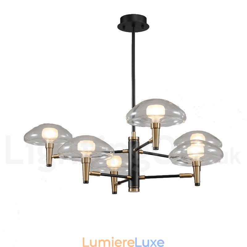 Lustre à 6 lumières avec finition peinte électrolytique et abat-jour en verre