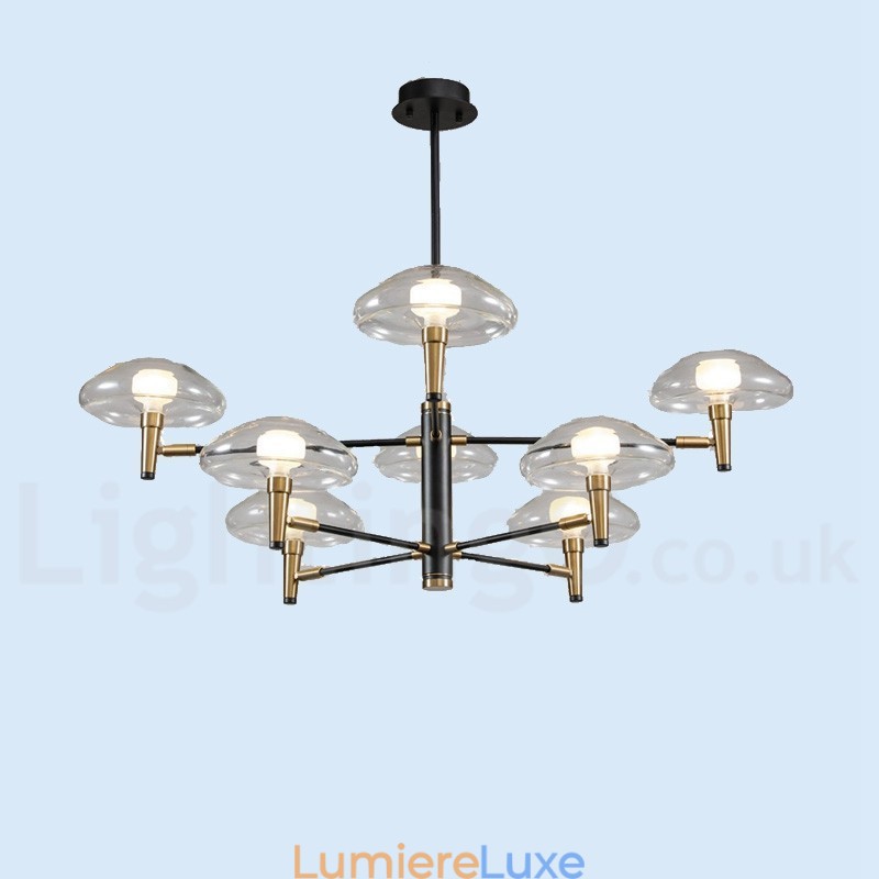 Lustre à 8 lumières avec finition peinte électrolytique et abat-jour en verre