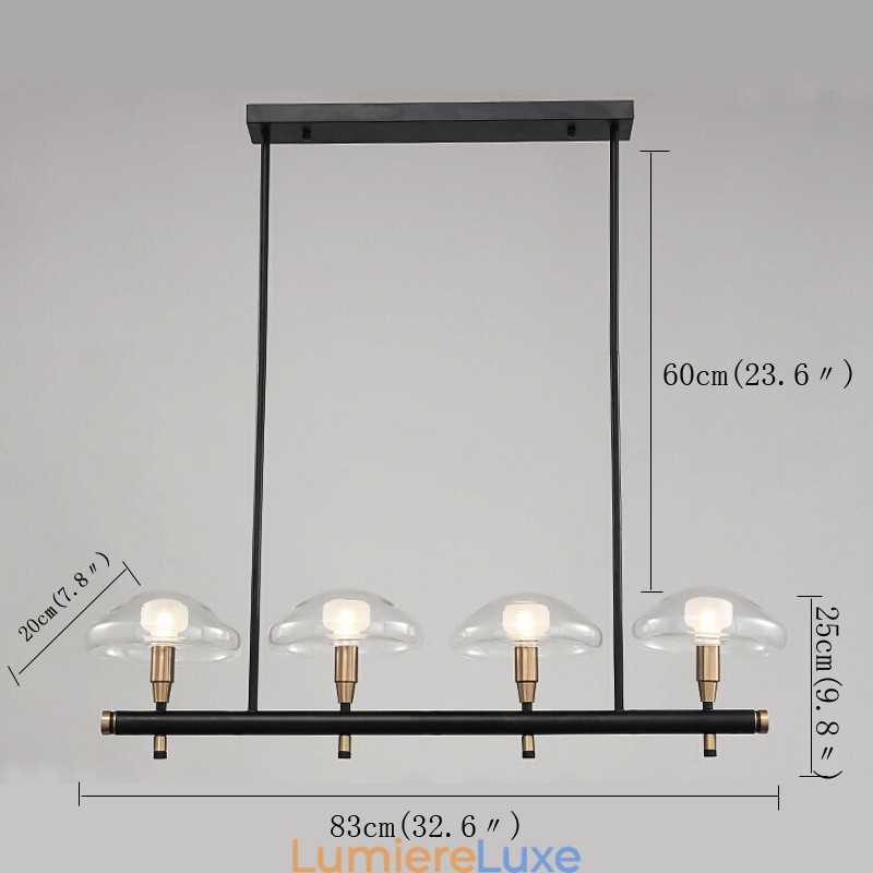 Lustre linéaire à 4 lumières avec finition peinte électrolytique et abat-jour en verre
