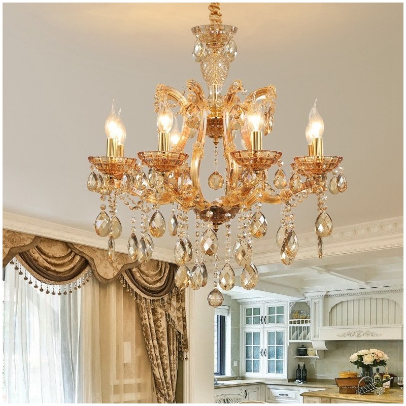 Lustre bougie en cristal ambré à 8 lumières