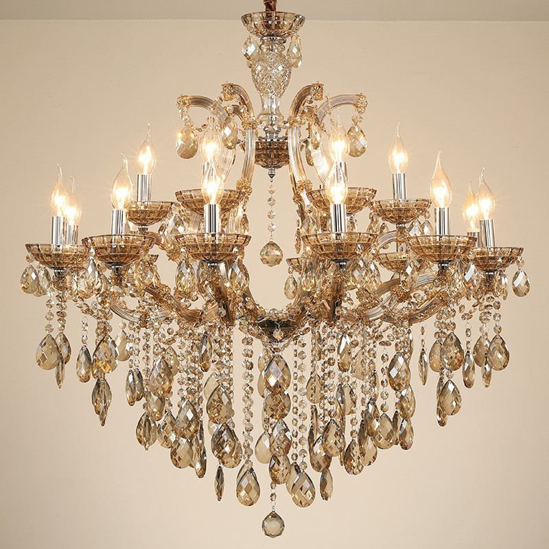Lustre bougie en cristal cognac à 18 (12+6) lumières