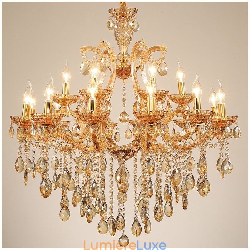Lustre bougie en cristal ambré à 18 (12+6) lumières