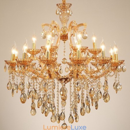 Lustre bougie en cristal ambré à 18 (12+6) lumières Lustre bougie en cristal ambré à 18 (12+6) lumières