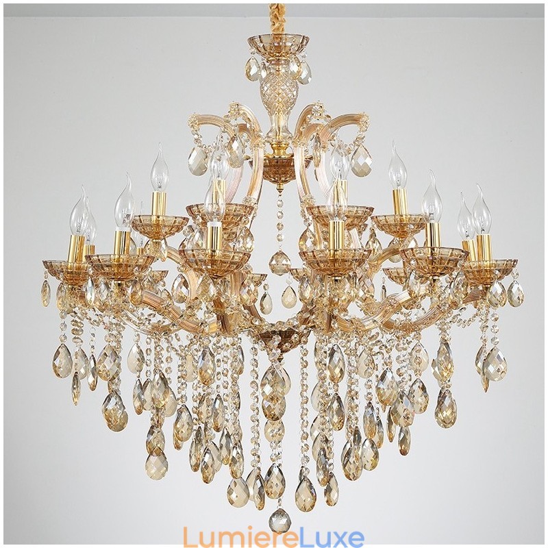 Lustre bougie en cristal ambré à 18 (12+6) lumières