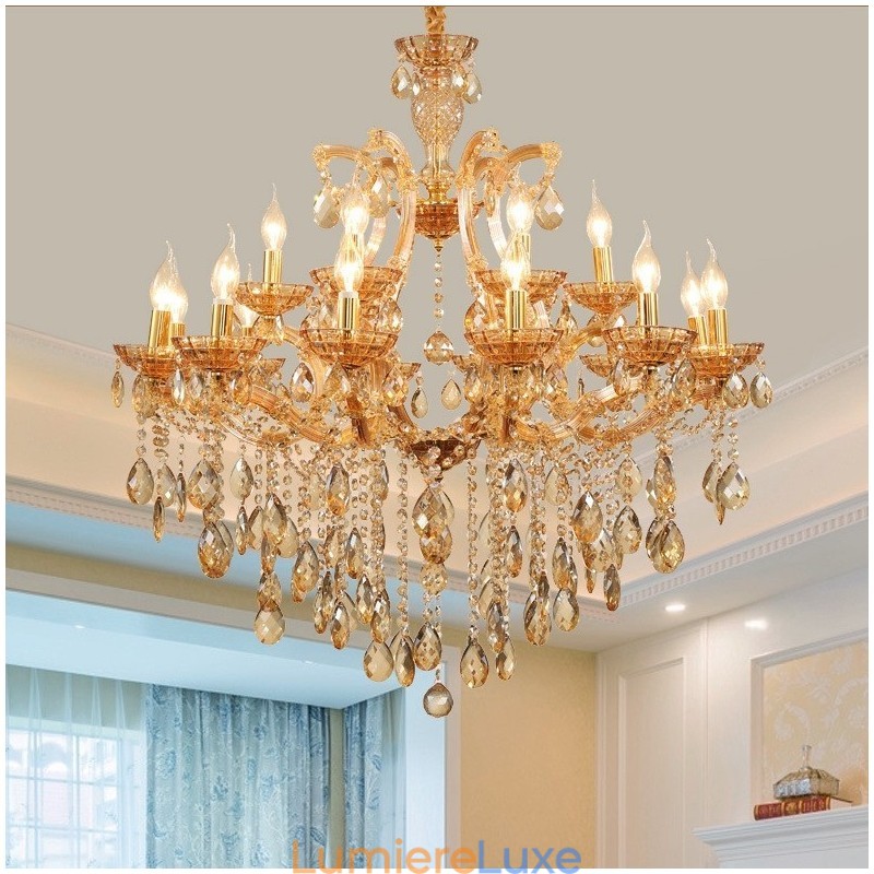 Lustre bougie en cristal ambré à 18 (12+6) lumières