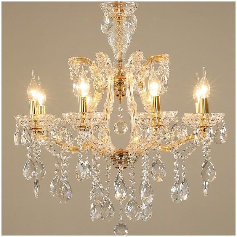 Lustre bougie en cristal doré à 8 lumières