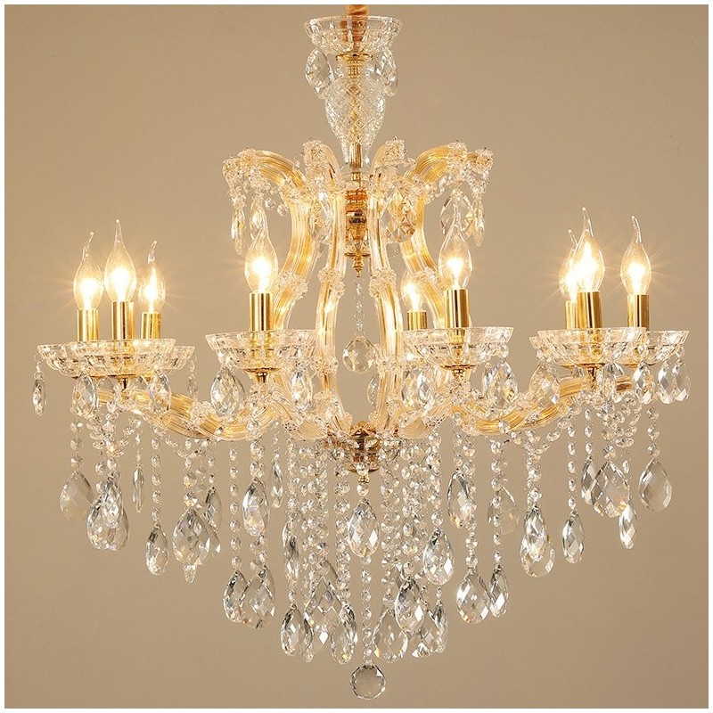 Lustre bougie en cristal doré à 10 lumières