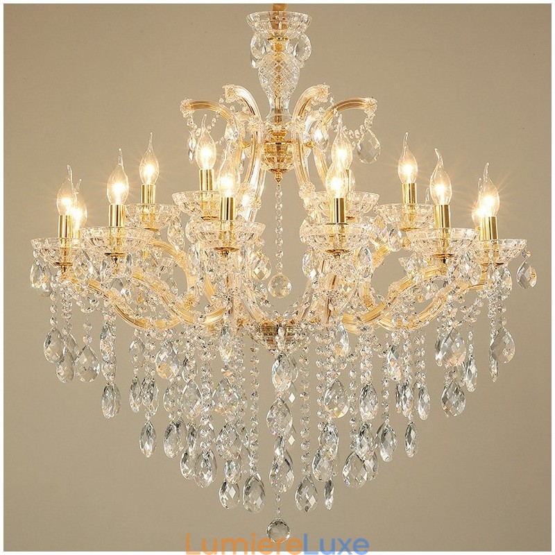 Lustre bougie en cristal doré à 18 (12+6) lumières