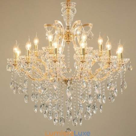 Lustre bougie en cristal doré à 18 (12+6) lumières Lustre bougie en cristal doré à 18 (12+6) lumières