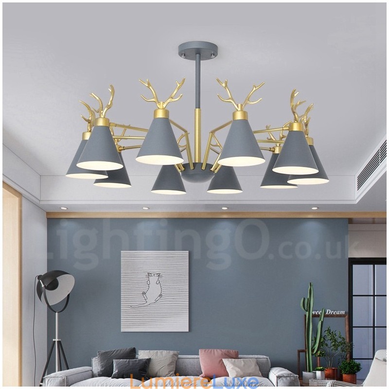 Lustre nordique moderne à 10 lumières en forme de bois de cerf