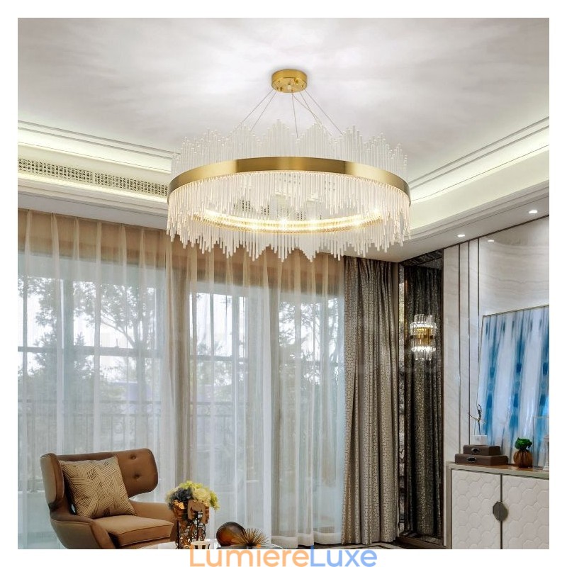 Salle d'exposition de luminaires suspendus ronds en cristal de luxe postmoderne