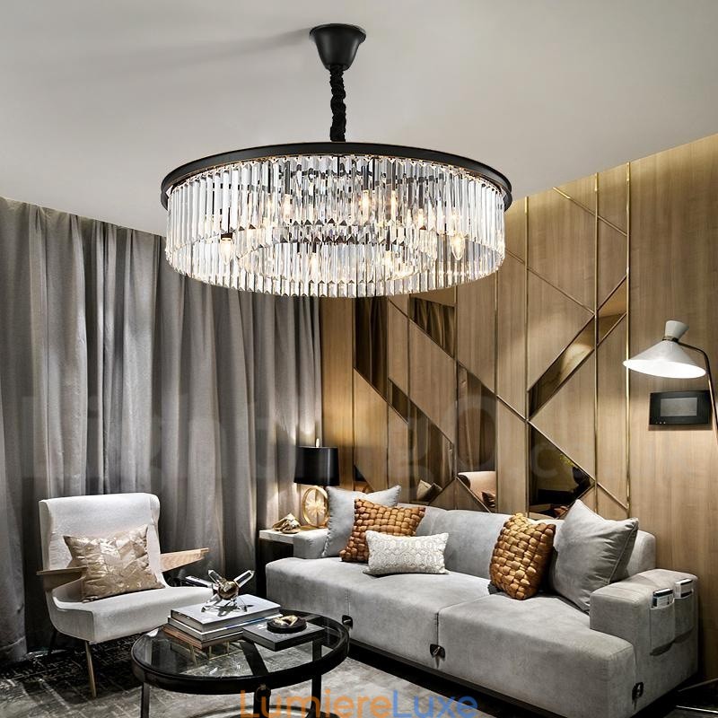 Lustre suspendu rond en cristal K9 de luxe postmoderne, éclairage de la salle d'exposition
