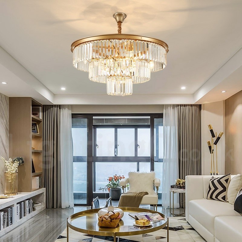 Lustre suspendu rond en cristal K9 de luxe postmoderne, éclairage de la salle d'exposition