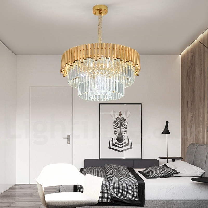 Lustre suspendu rond en cristal K9 doré postmoderne de luxe, éclairage de salle d'exposition