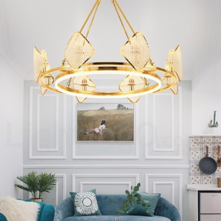 Lustre suspendu rond en cristal K9 doré postmoderne de luxe avec abat-jour en acrylique pour salle d'exposition Lustre suspendu rond en cristal K9 doré postmoderne de luxe avec abat-jour en acrylique pour salle d'exposition