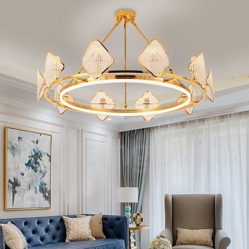 Lustre suspendu rond en cristal K9 doré postmoderne de luxe avec abat-jour en acrylique pour salle d'exposition