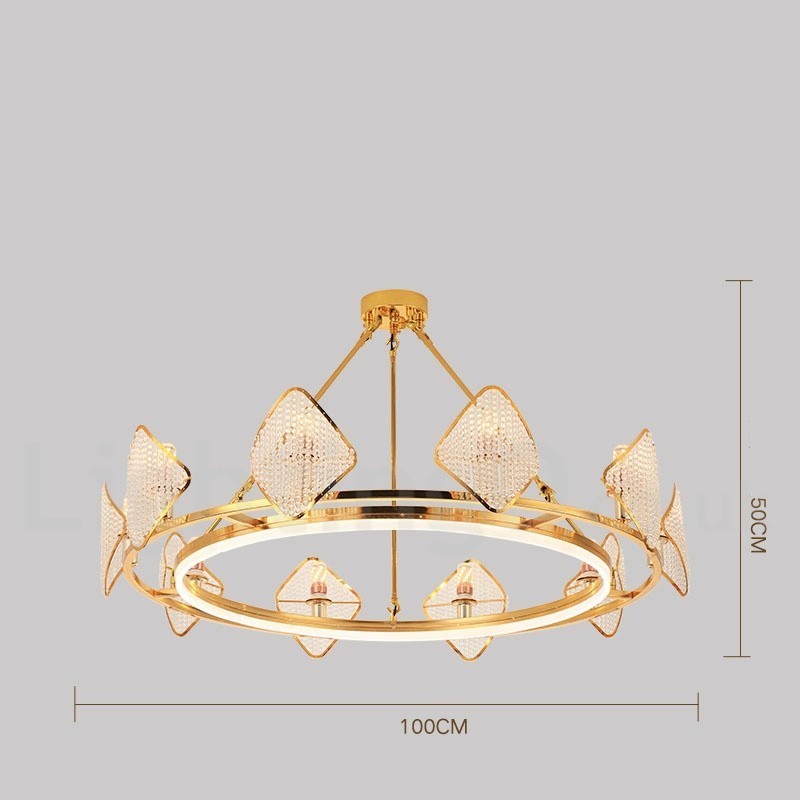 Lustre suspendu rond en cristal K9 doré postmoderne de luxe avec abat-jour en acrylique pour salle d'exposition