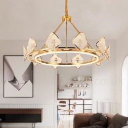 Lustre suspendu rond en cristal K9 doré postmoderne de luxe avec abat-jour en acrylique pour salle d'exposition