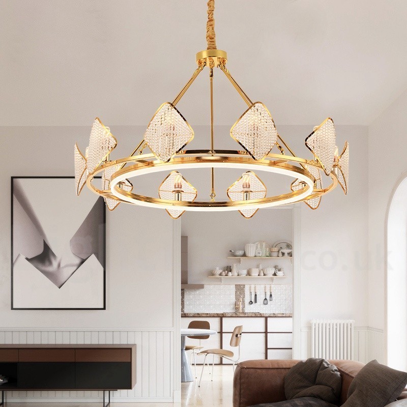 Lustre suspendu rond en cristal K9 doré postmoderne de luxe avec abat-jour en acrylique pour salle d'exposition