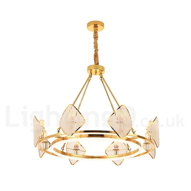 Lustre suspendu rond en cristal K9 doré postmoderne de luxe avec abat-jour en acrylique pour salle d'exposition