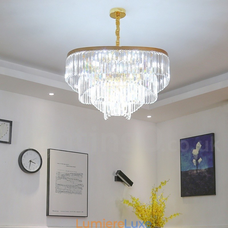 Lustre suspendu rond en cristal K9 doré postmoderne de luxe, salle d'exposition