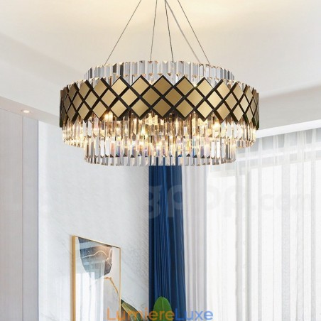 Lustre suspendu rond en cristal K9 doré et noir de luxe, design moderne, idéal pour une salle d'exposition Lustre suspendu rond en cristal K9 doré et noir de luxe, design moderne, idéal pour une salle d'exposition