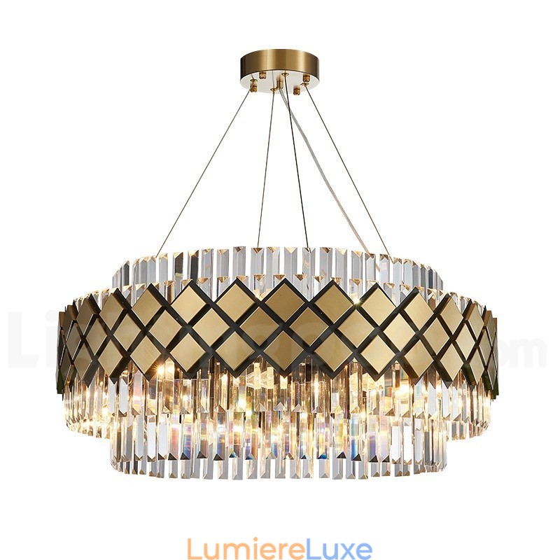 Lustre suspendu rond en cristal K9 doré et noir de luxe, design moderne, idéal pour une salle d'exposition