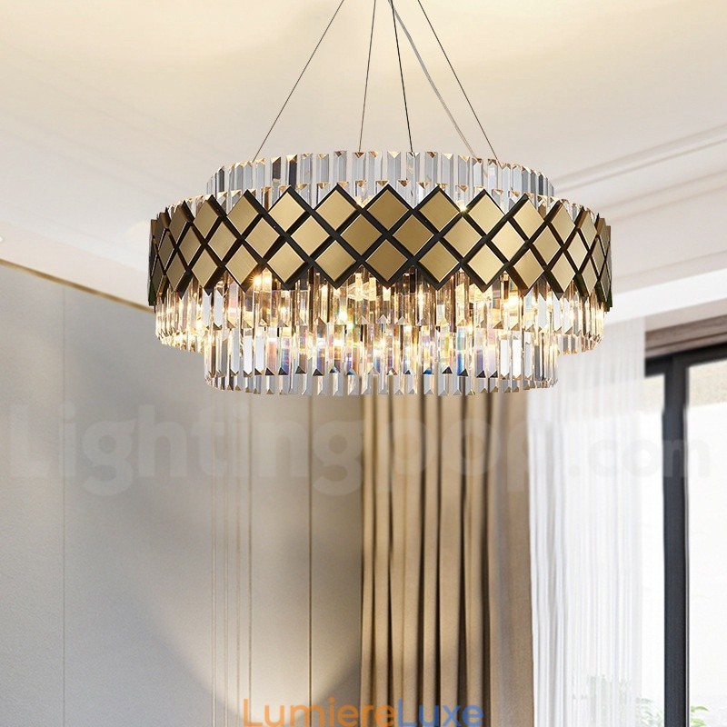 Lustre suspendu rond en cristal K9 doré et noir de luxe, design moderne, idéal pour une salle d'exposition