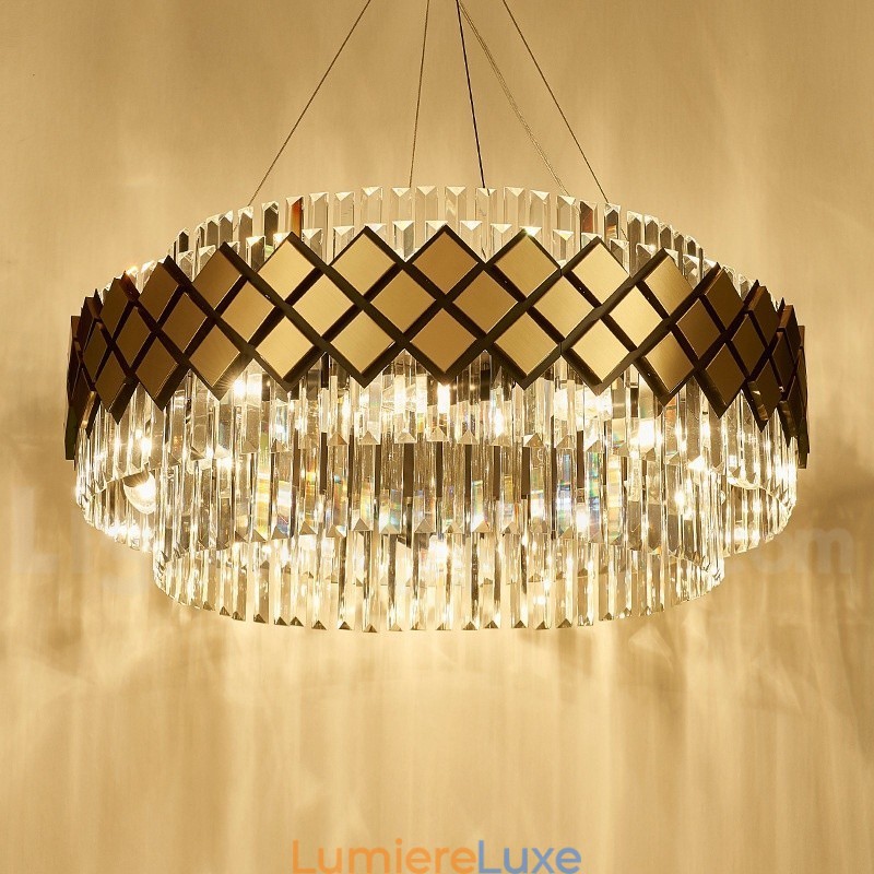 Lustre suspendu rond en cristal K9 doré et noir de luxe, design moderne, idéal pour une salle d'exposition