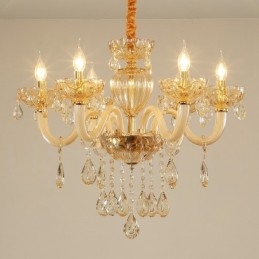 Lustre bougie en cristal couleur champagne à 6 lumières